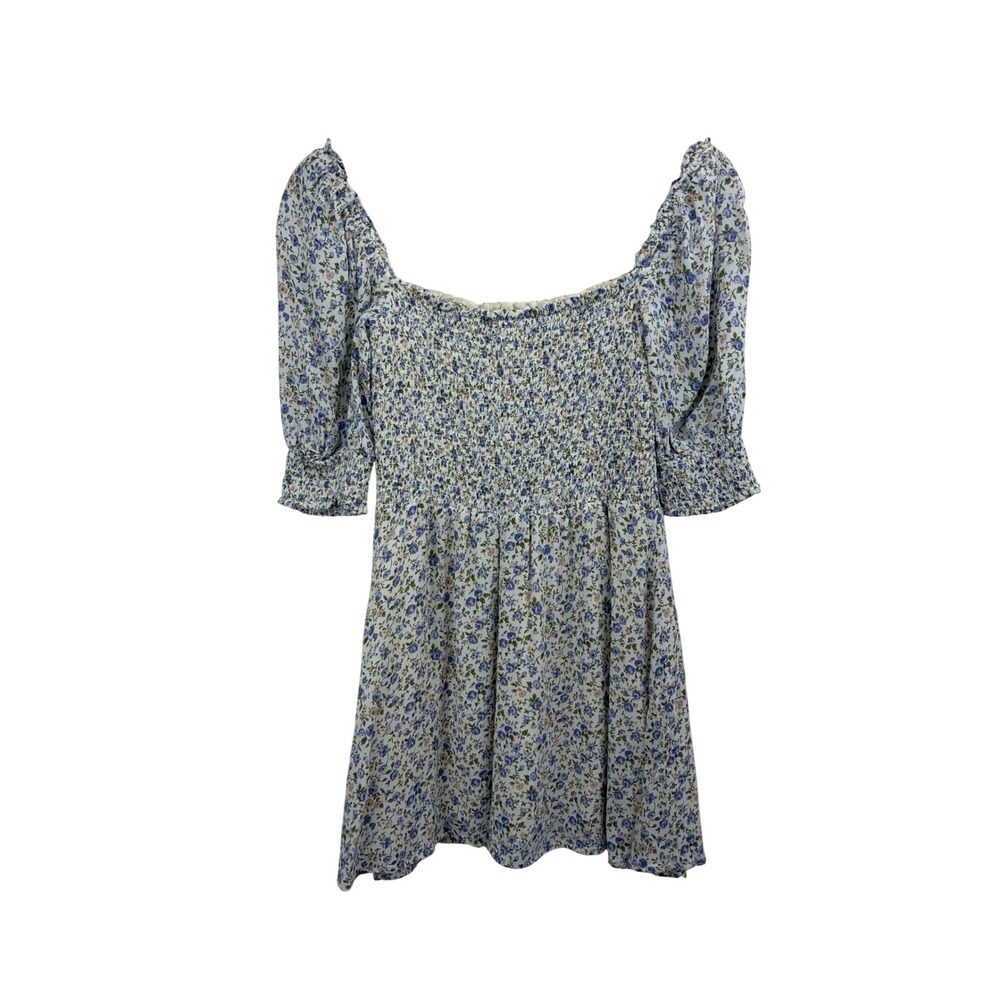 Reformation Blue Floral Smocked Mini Dress Square Neck Puff Sleeve Size 6 - Picture 4 of 12